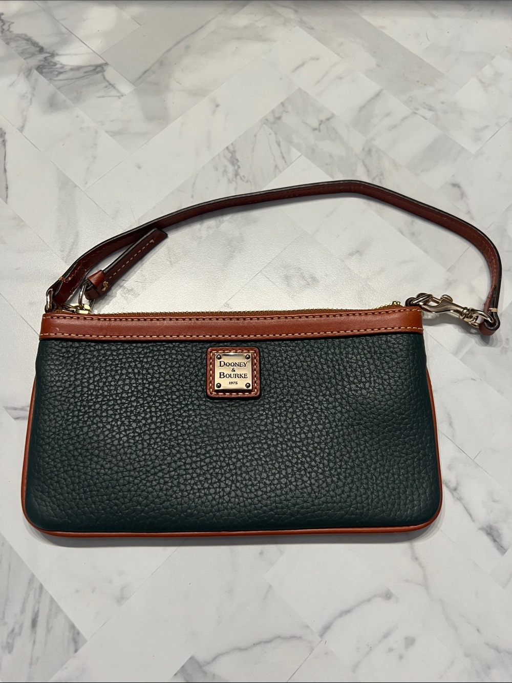 Dooney & Bourke Dark Green Pebble Leather Wristlet with Brown Trim